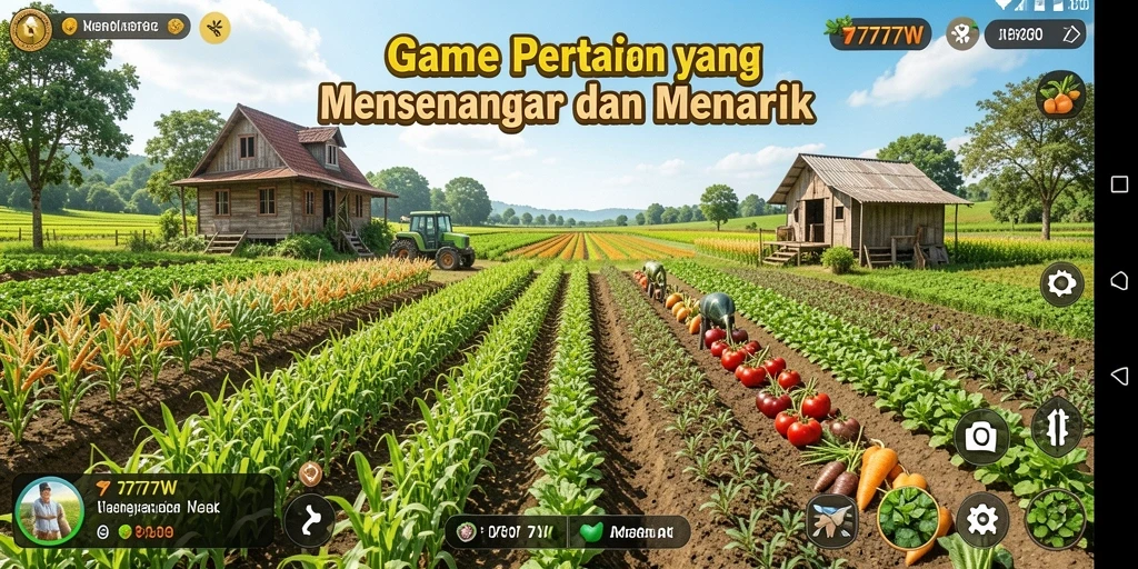 Tampilan gameplay menarik dari 7777W dengan pemeliharaan tanaman dan hewan.