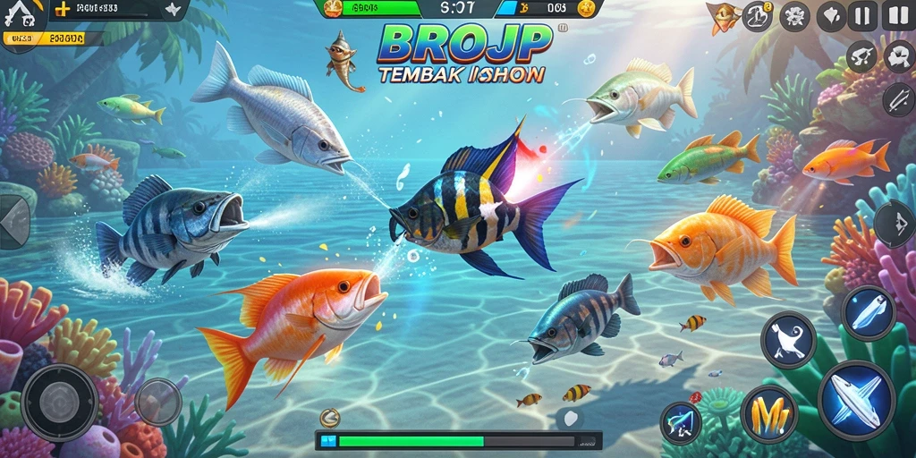 Screenshot menunjukkan aksi menembak ikan yang seru dalam BROJP.