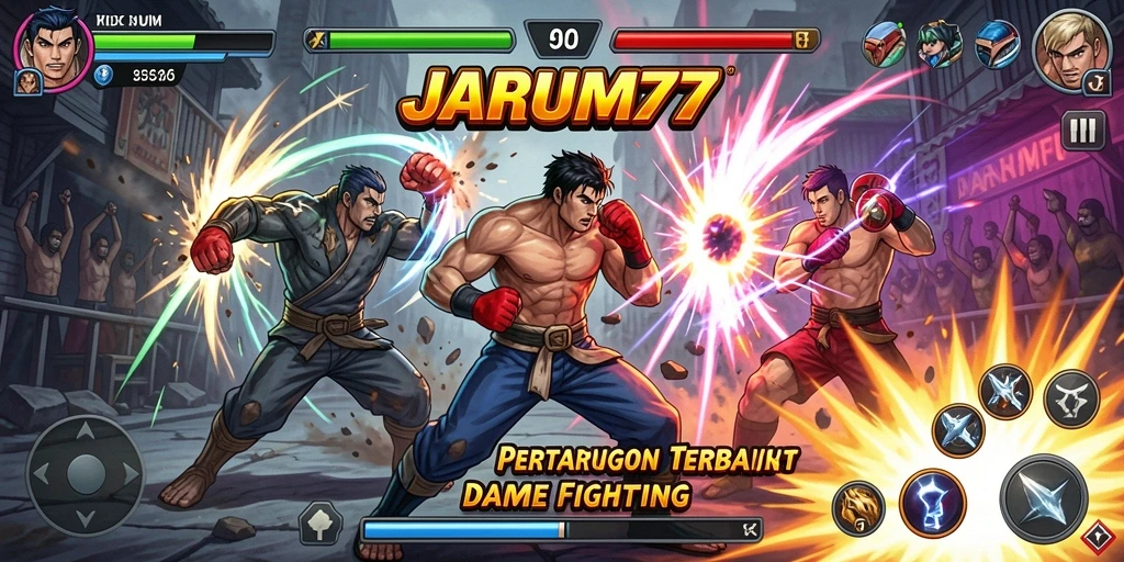 Tampilan pertarungan epik dalam JARUM77 dengan karakter-karakter ikonik.