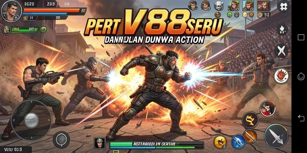Screenshot utama JV88 menampilkan pertarungan aksi intens antara karakter pemain.